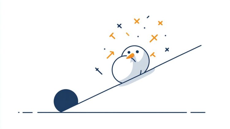 A minimalist flat illustration of a snowball growing in size as it rolls, symbolizing the compounding effect of small extra mortgage payments leading to faster repayment and significant savings, text-free.