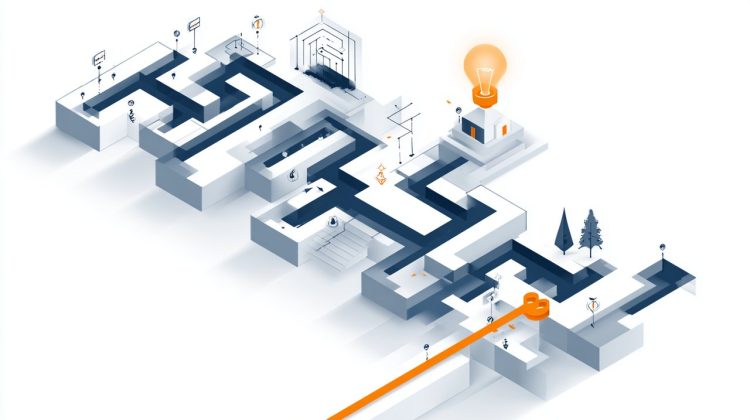 An isometric illustration of navigating complex financial numbers towards a clear homeownership goal, symbolizing clarity and transformation, without any text.