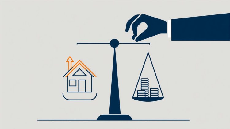 A minimalist flat illustration of scales balancing income and debt to determine a comfortable home budget, text-free.