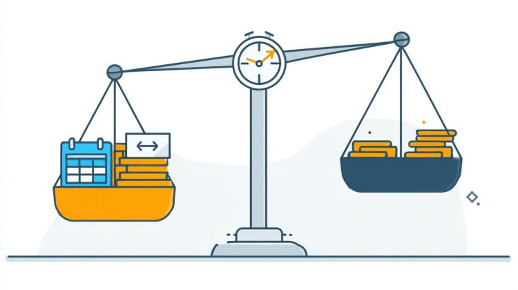 A minimalist illustration of scales balancing the trade-off between shorter loan duration and higher monthly payments versus longer duration and lower payments.