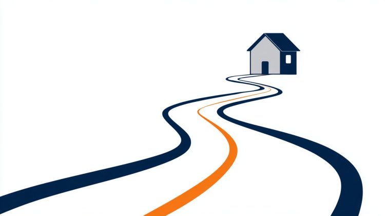 A minimalist illustration of a clear, winding road leading to a stylized house, symbolizing a confident roadmap to homeownership, text-free.