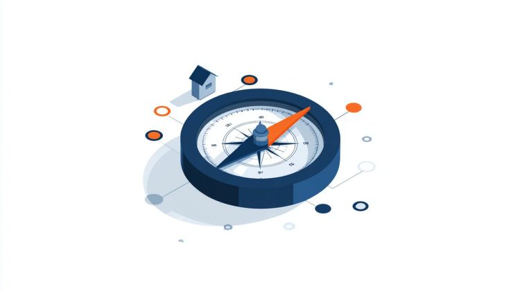An isometric illustration of a stylized financial compass guiding towards a house icon, representing financial navigation and precision, text-free.