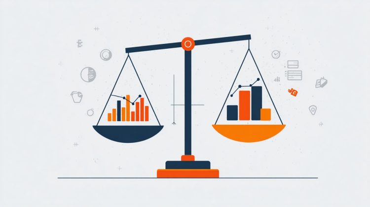 A minimalist flat illustration depicting a set of scales balancing multiple offers or data points, representing the comparison of various online mortgage quotes and real-time market rates.