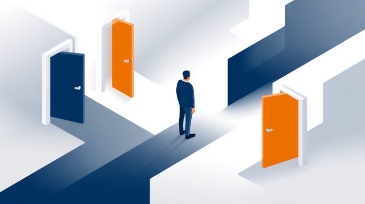 An isometric vector graphic illustrating a person at a crossroads, with multiple paths or doors representing different financial scenarios or 'what-if' analyses for mortgage planning.