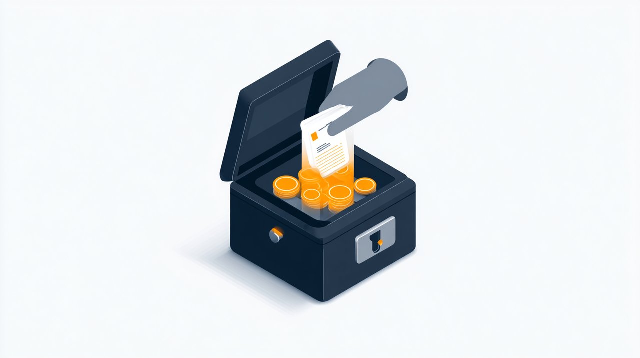 A minimalist flat illustration of a stylized 'black box' being opened, revealing simplified, interconnected financial components inside. A bright orange light emanates from within, symbolizing clarity, text-free.