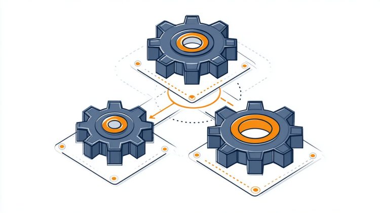An isometric vector graphic showing three interlocking gears, each representing a different mortgage component, with a central larger gear representing the overall mortgage payment. Orange accents highlight connections and movement, text-free.