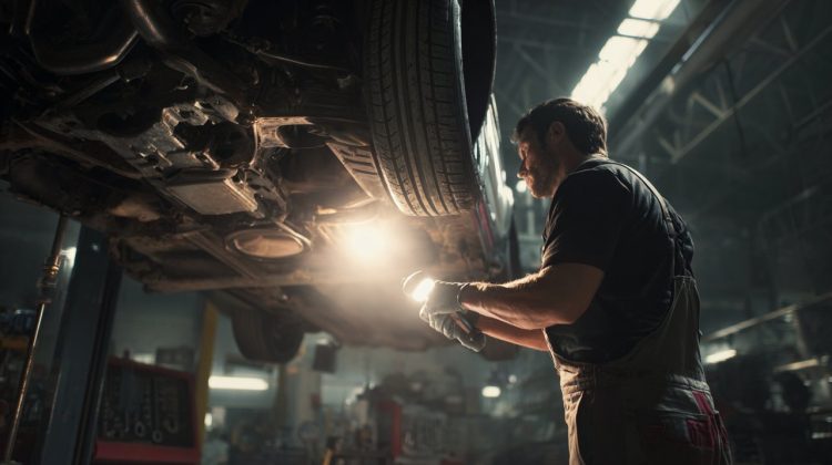 A mechanic performing a pre-purchase inspection on a car.
