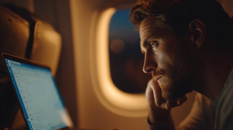 A frustrated person on an airplane looking at a laptop with a spinning wheel.