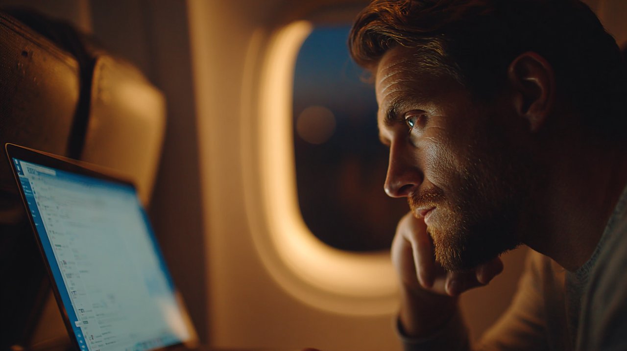 A frustrated person on an airplane looking at a laptop with a spinning wheel.