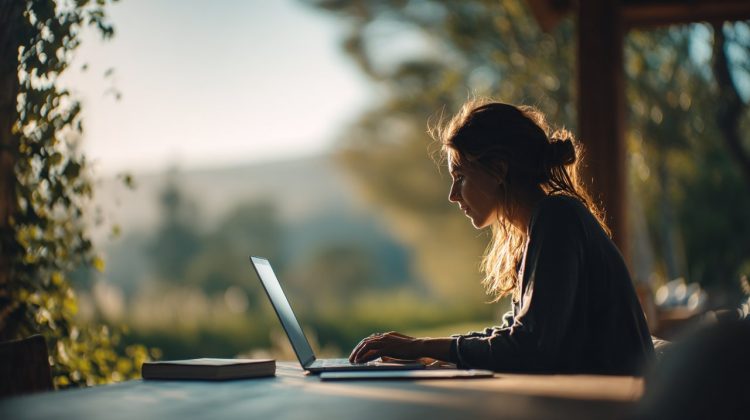 A person productively working on a laptop in an outdoor setting, demonstrating strategic offline use.