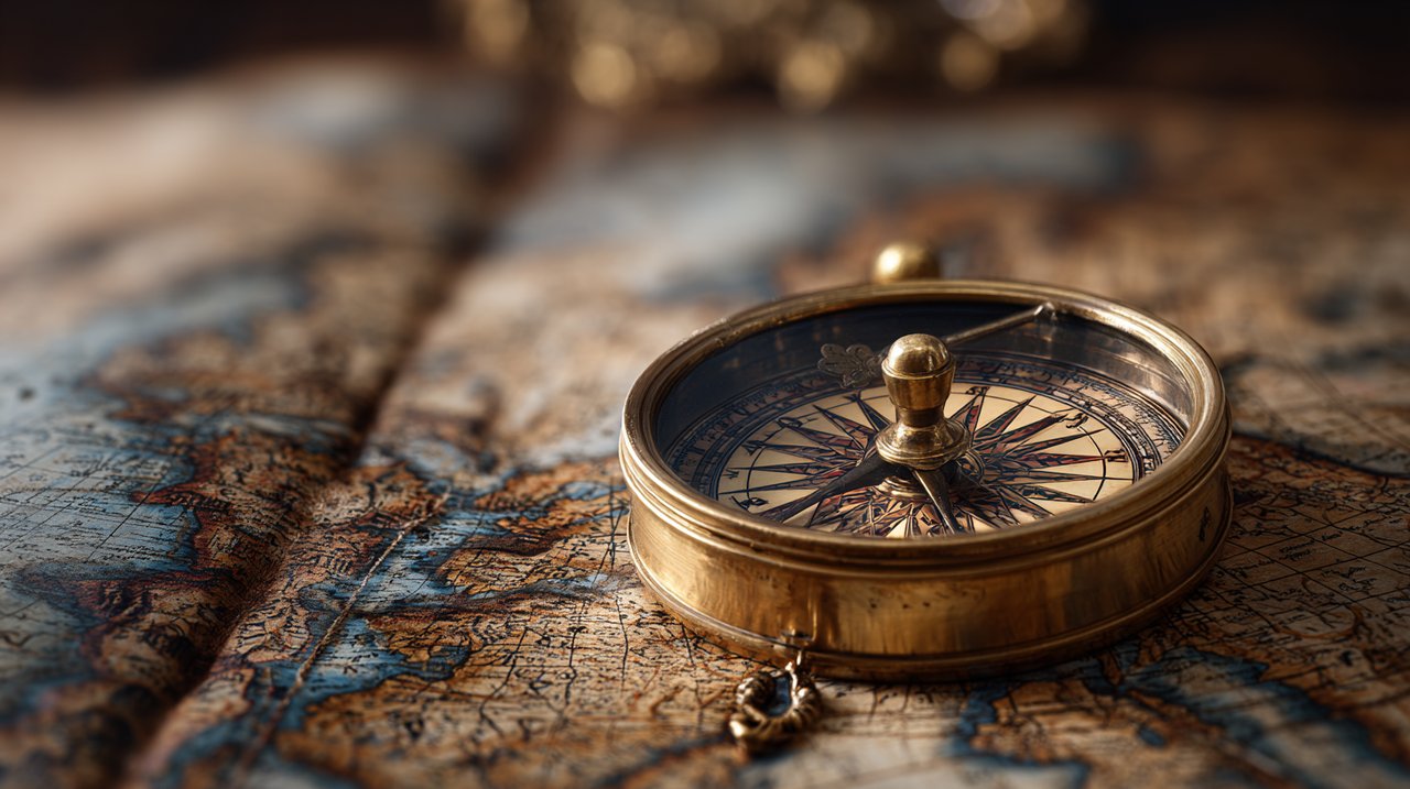 A vintage compass on a complex, detailed map with subtle hints of challenging terrain.