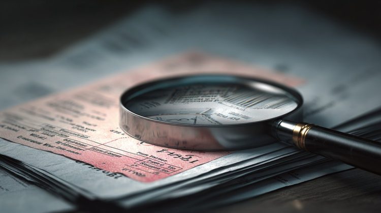 A magnifying glass over a stack of diverse financial documents, highlighting hidden fees.