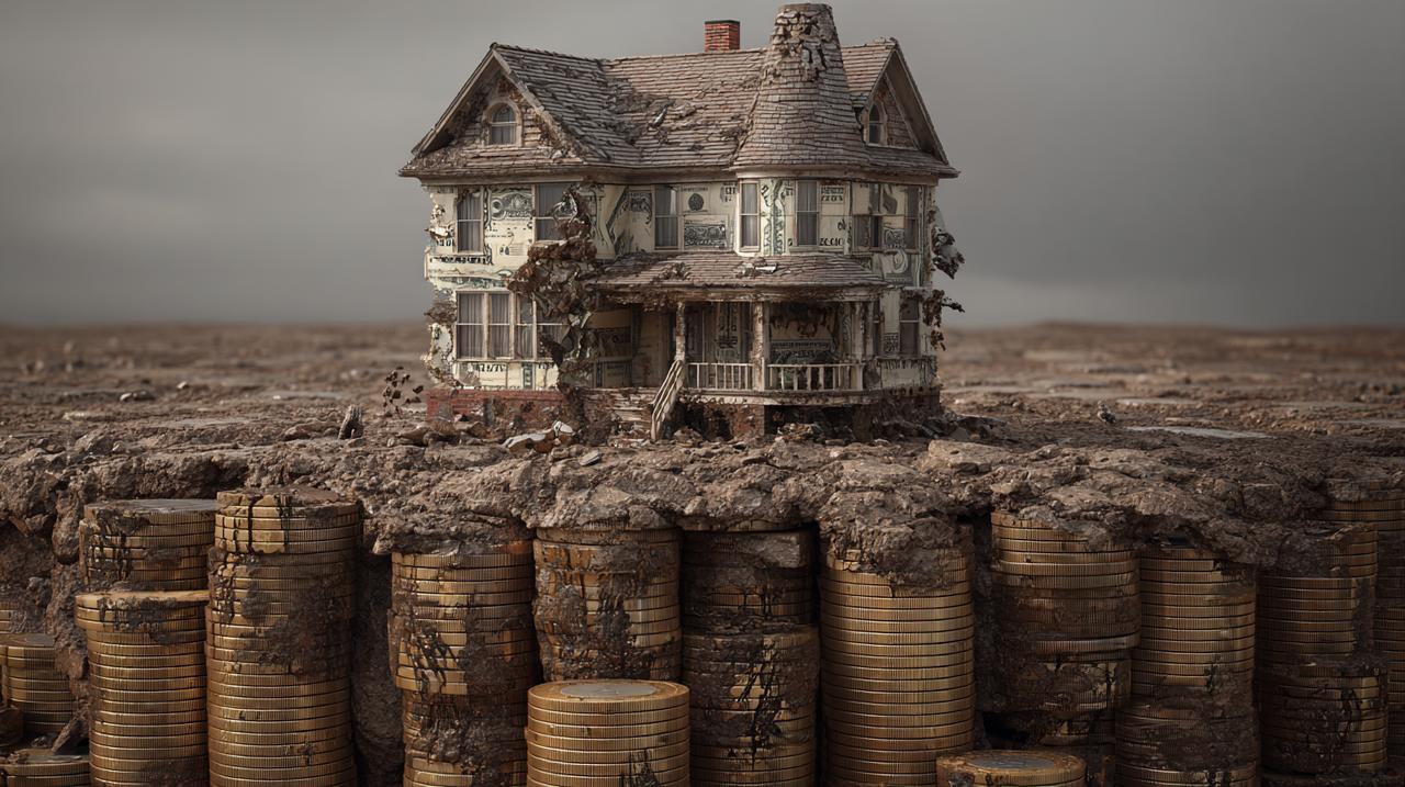Photorealistic image of a house on a foundation of stacked coins, symbolizing hidden costs.