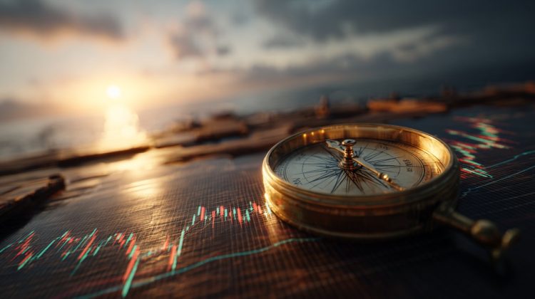 Photorealistic image of a golden compass pointing towards financial freedom.