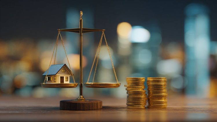 Photorealistic image of scales balancing a house and money.