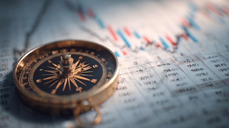 Photorealistic image of a financial chart with a compass overlay.