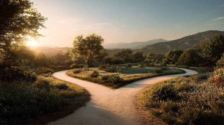 Photorealistic image of a path leading to a fork, symbolizing life choices.