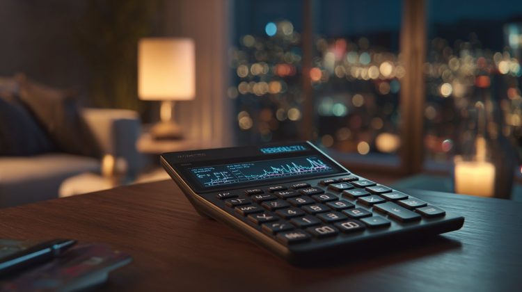 A sleek financial calculator displaying graphs and numbers, symbolizing financial planning for housing.