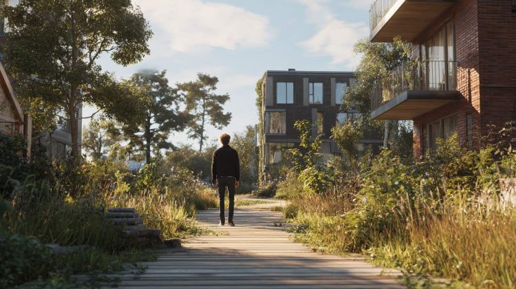 A person at a crossroads, choosing between a modern apartment building and a detached house, symbolizing financial decision-making for housing.