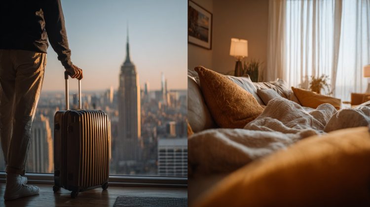 A split image showing a person traveling with a suitcase on one side and a person relaxing in a cozy home on the other, symbolizing flexibility versus stability in housing decisions.