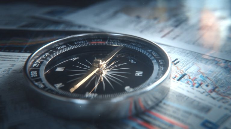 A sophisticated financial compass pointing towards a path of informed decision-making.