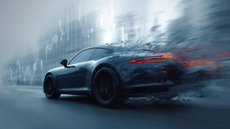 Photorealistic image of a car's value decreasing over time.