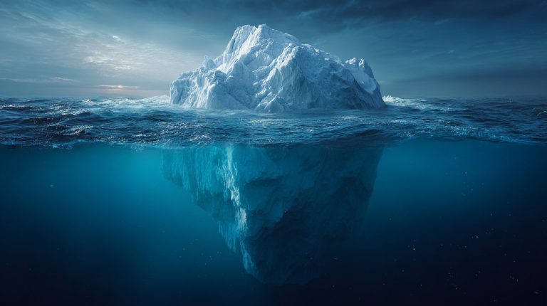 Photorealistic image of a financial iceberg with hidden costs.