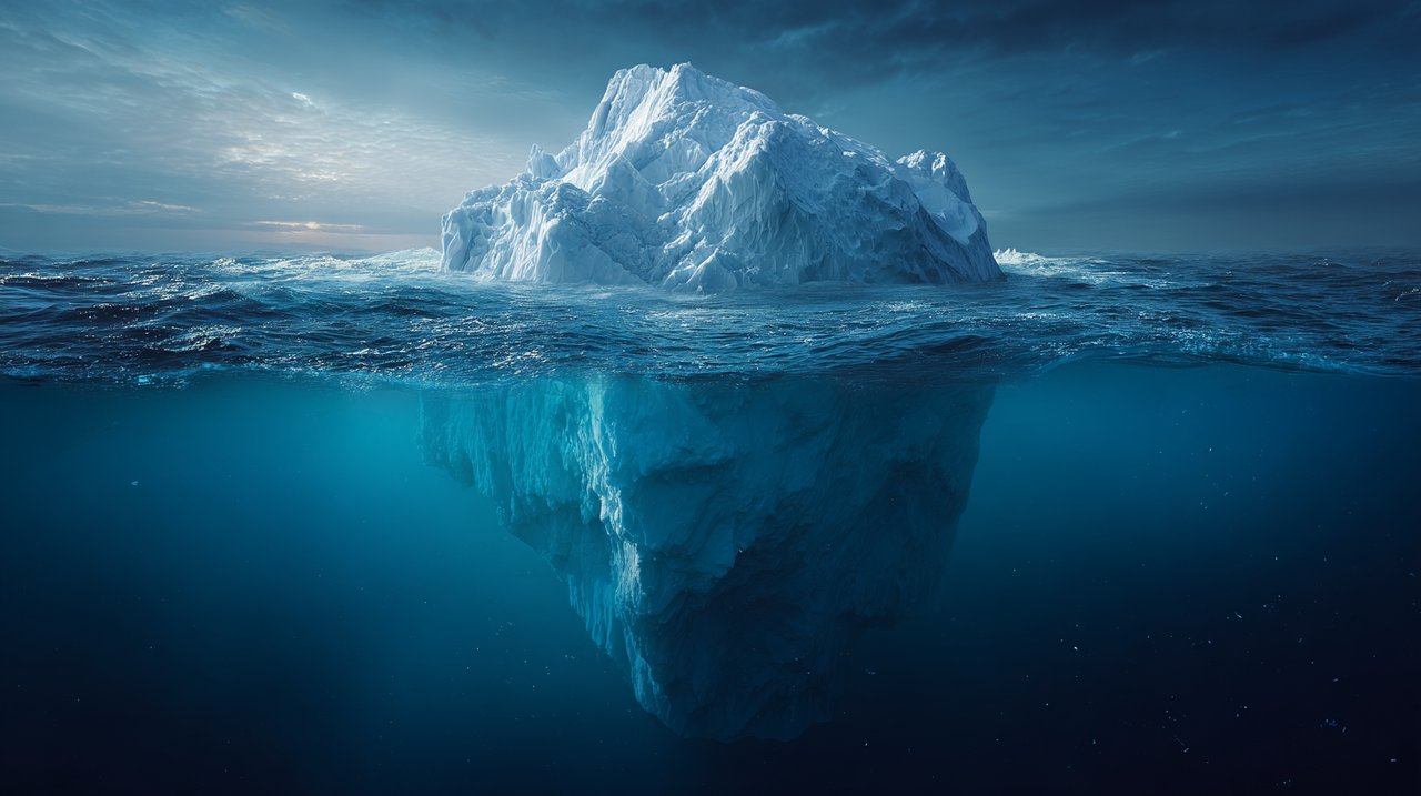 Photorealistic image of a financial iceberg with hidden costs.