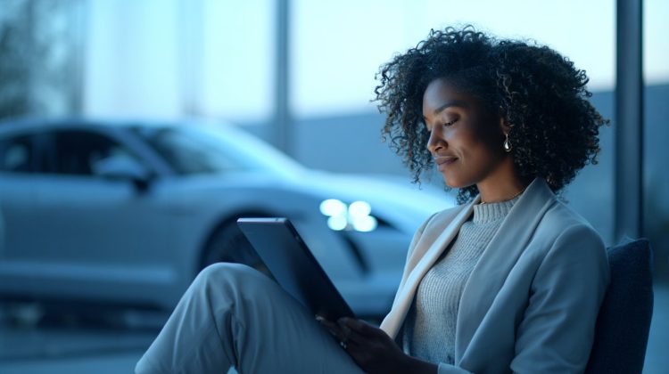 A person looking calm and confident, reviewing financial data on a tablet with a car in the background.
