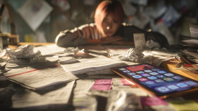 A person looking frustrated with scattered car-related financial documents and digital devices.