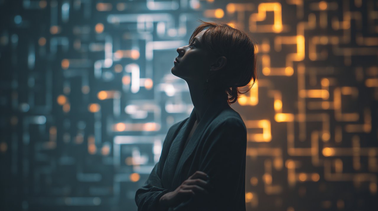 A person contemplating choices in a complex digital environment.